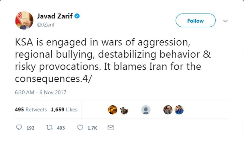 ظریف: عربستان به اقدامات تجاوزگرانه مشغول است اما ایران را مقصر عواقب آن می داند
